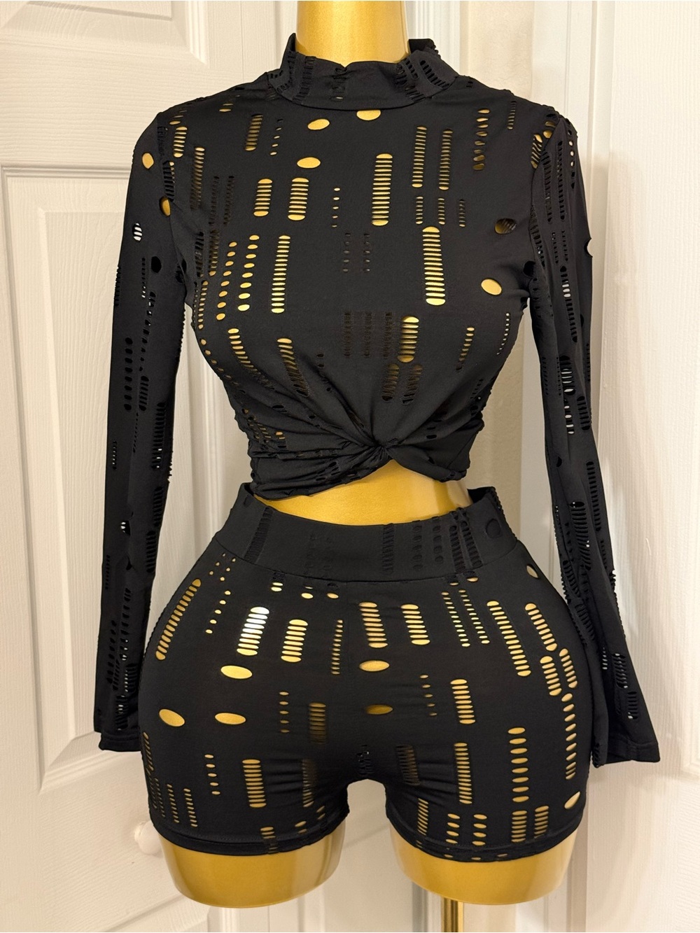 Black Laser-Cut Long Sleeve Crop Top & High Waist Shorts Set